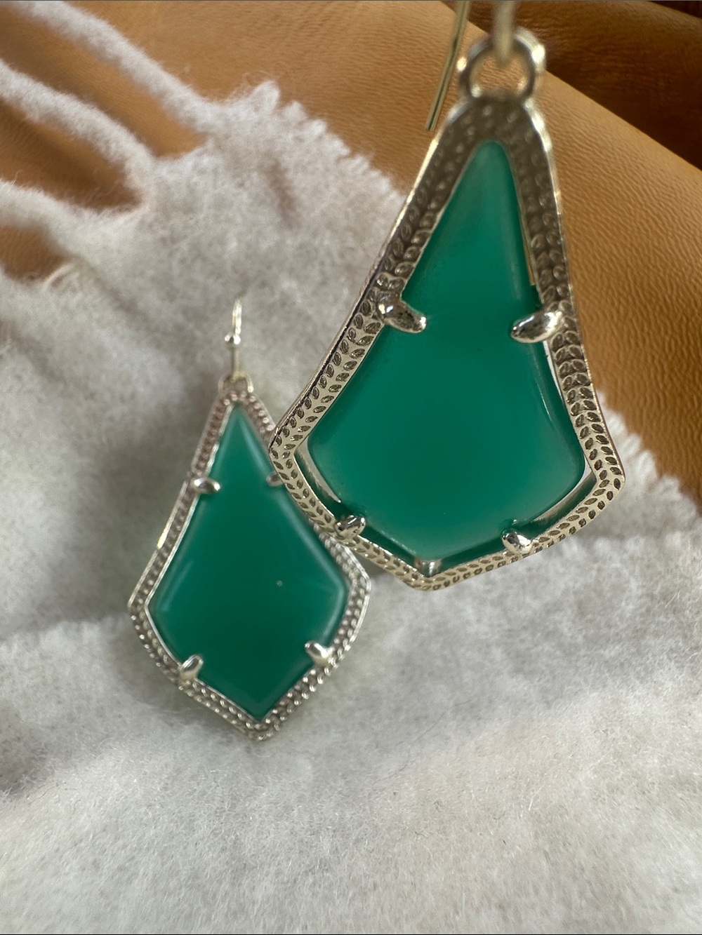 Green and Gold Tone Teardrop -Frame Earrings